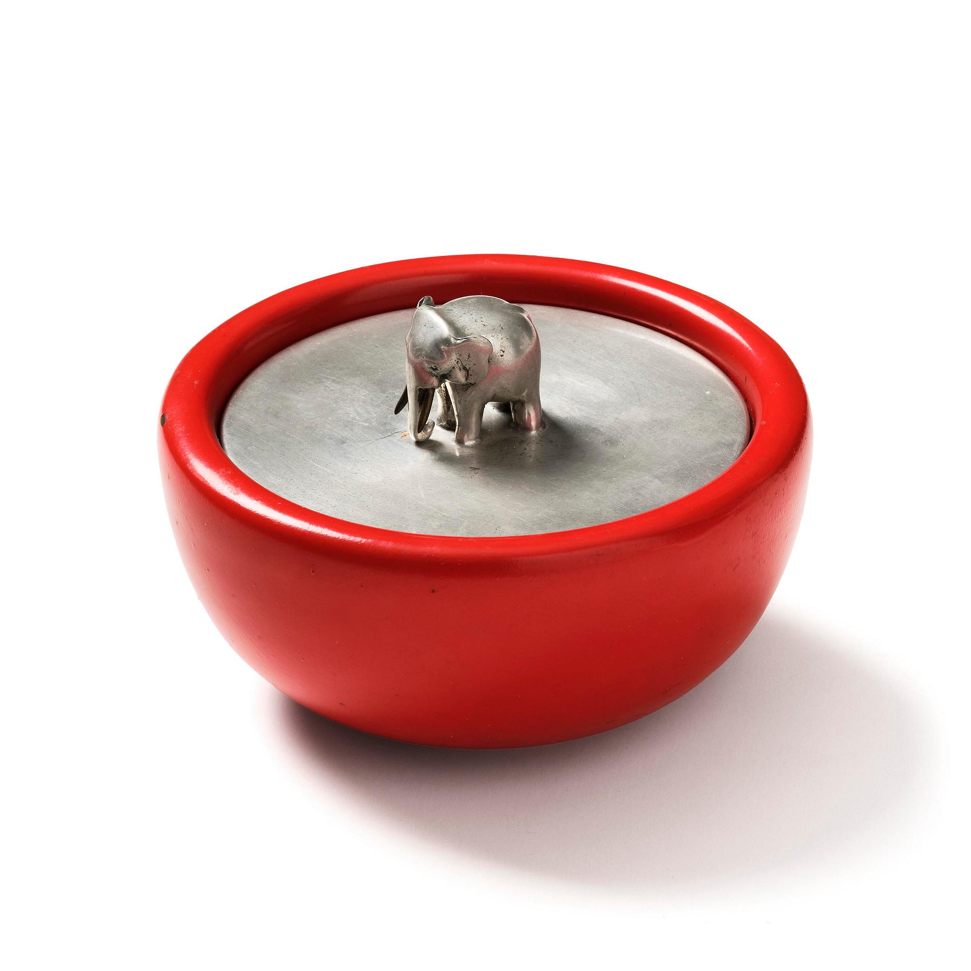Josef Frank, a red lacquered brass bowl with a pewter cover, Firma Svenskt Tenn, Stockholm, 1949.