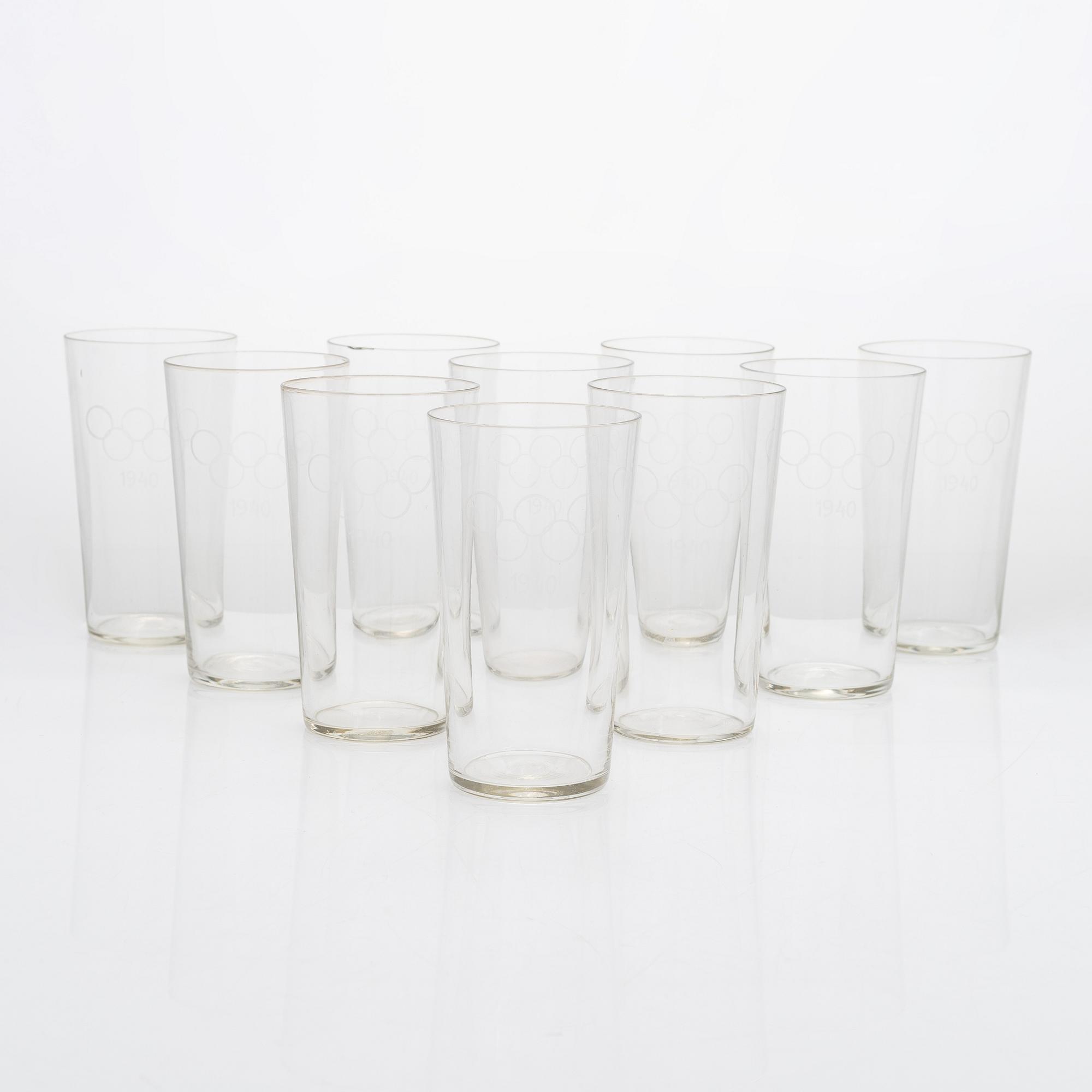A set of 10 Olympic Games drinking glasses for the planned Summer Olympics in Helsinki 1940.