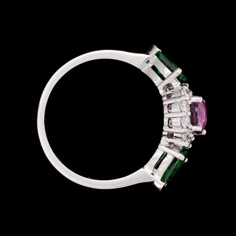A pink sapphire, tsavorite and diamond ring.