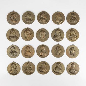 Twenty metal medallions of Swedish kings and queens, 20th century.