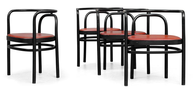 A set of four Poul Kjaerholm 'pk-15' chairs, for PP Møbler, post 1990, black laquered wood and red-brown leather seats.