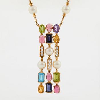 A Bulgari necklace "Allegra" in 18K gold set with coloured stones, cultured pearls and diamonds.