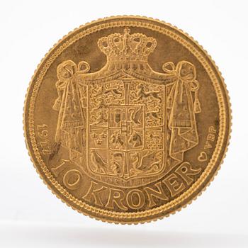 Gold coin Denmark, Frederik VIII 10 kroner, 1917.