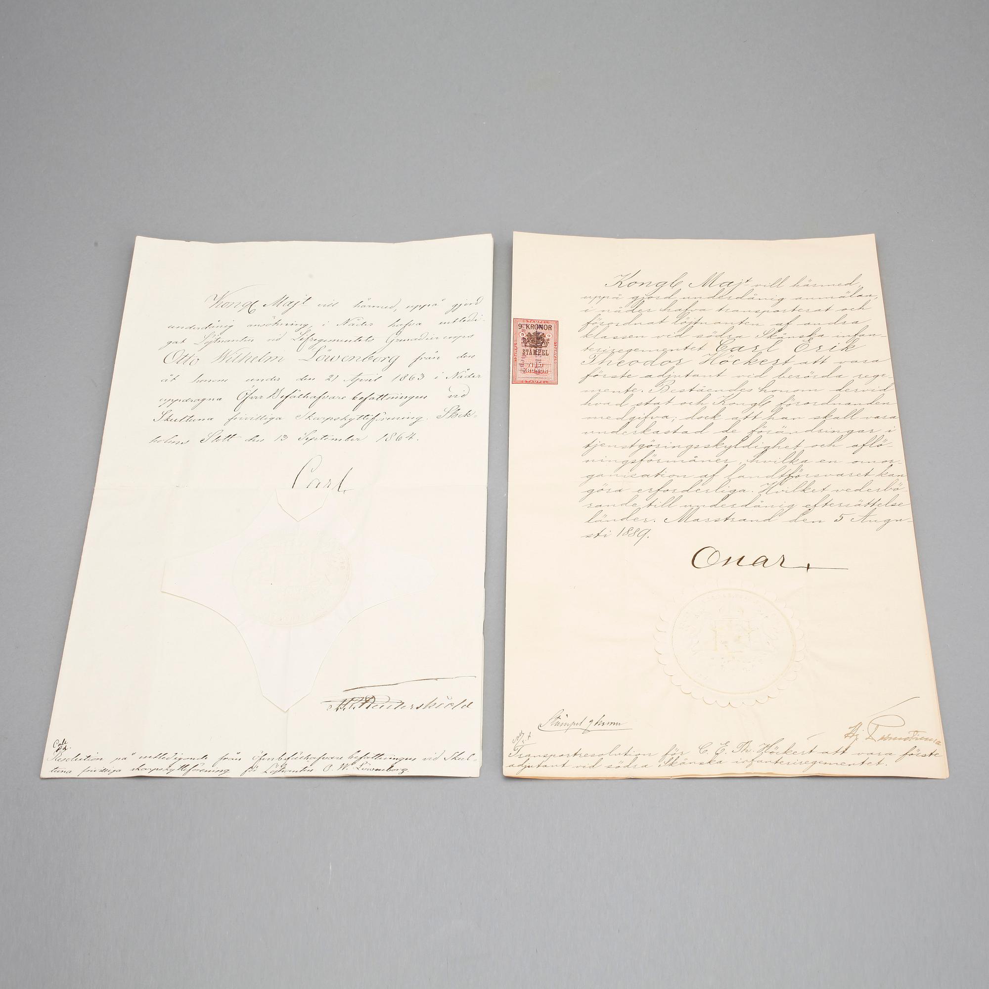 KARL XV SAMT OSCAR II, 2 dokument med egenhändiga namnteckningar, dat Stockholms slott 1864 resp Marstrand 1889.