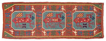 320. A double-interlocked tapestry carrige cushion, ca 108 x 51 cm, 'Bäckahästen', dated 1788.