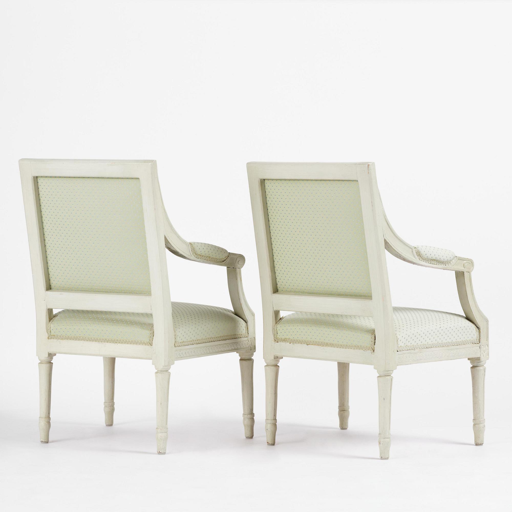 A pair of Gustavian open-back armchairs, late 18th century.