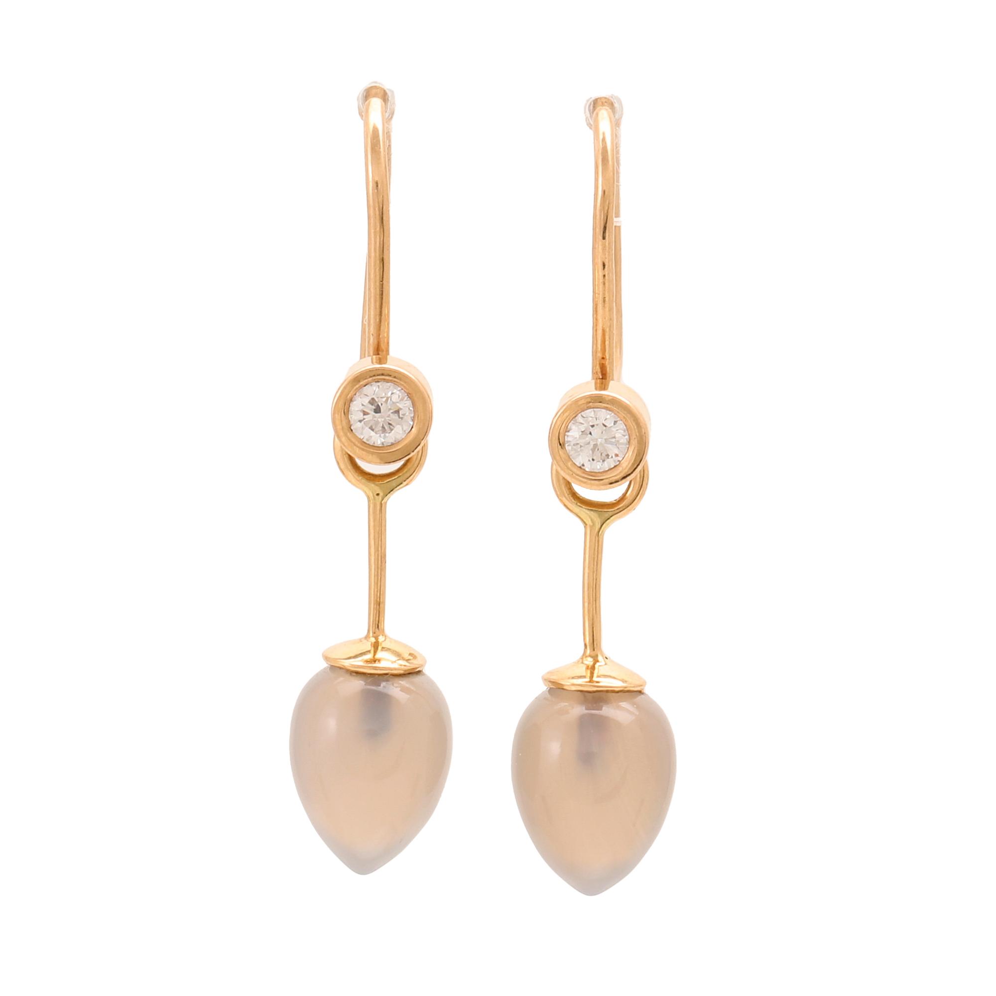 Earrings 18K gold, brilliant-cut diamonds 0.20 ct, two pairs of cultured freshwater pearls and drops of moonstone.