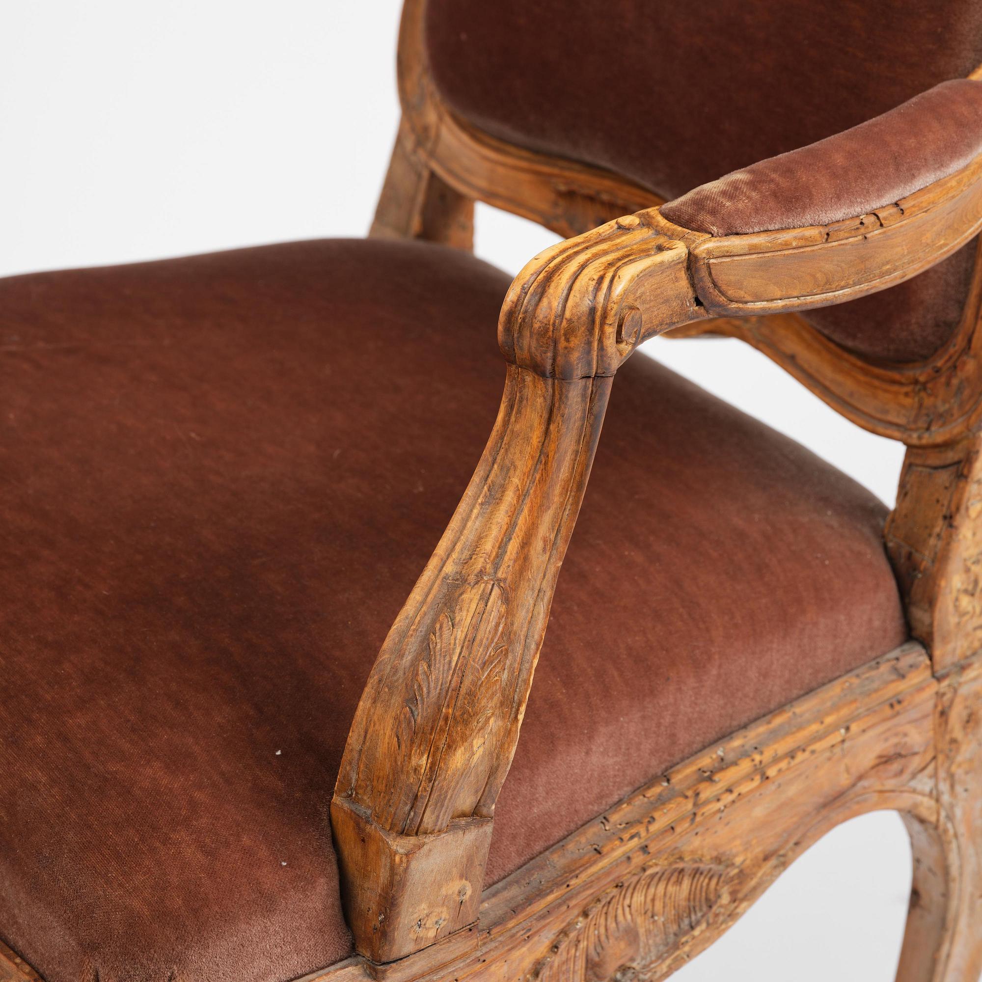A pair of rococo fauteuils, Stockholm, later part 18th century.