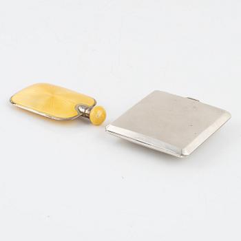 Powder box, silver, and enameled perfume bottle.