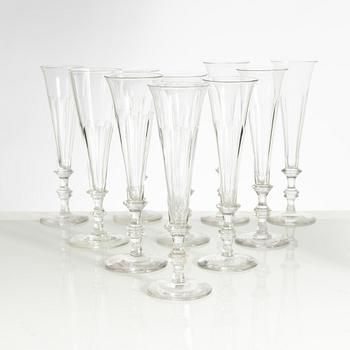 Champagne flutes, 9 + 1 similar, 19th century.