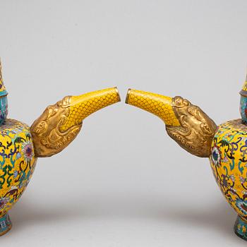 A pair of large cloisonne tea pots with covers, China, second half of the 20th Century.