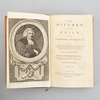 Robertsons historia över Karl V i trevliga band, 1782 (4 vol).