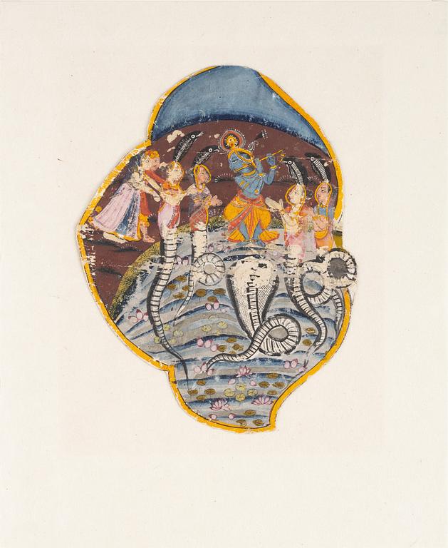 Unidentified artist, Flute-playing deity with snakes and figures, India, 19th/20th century.