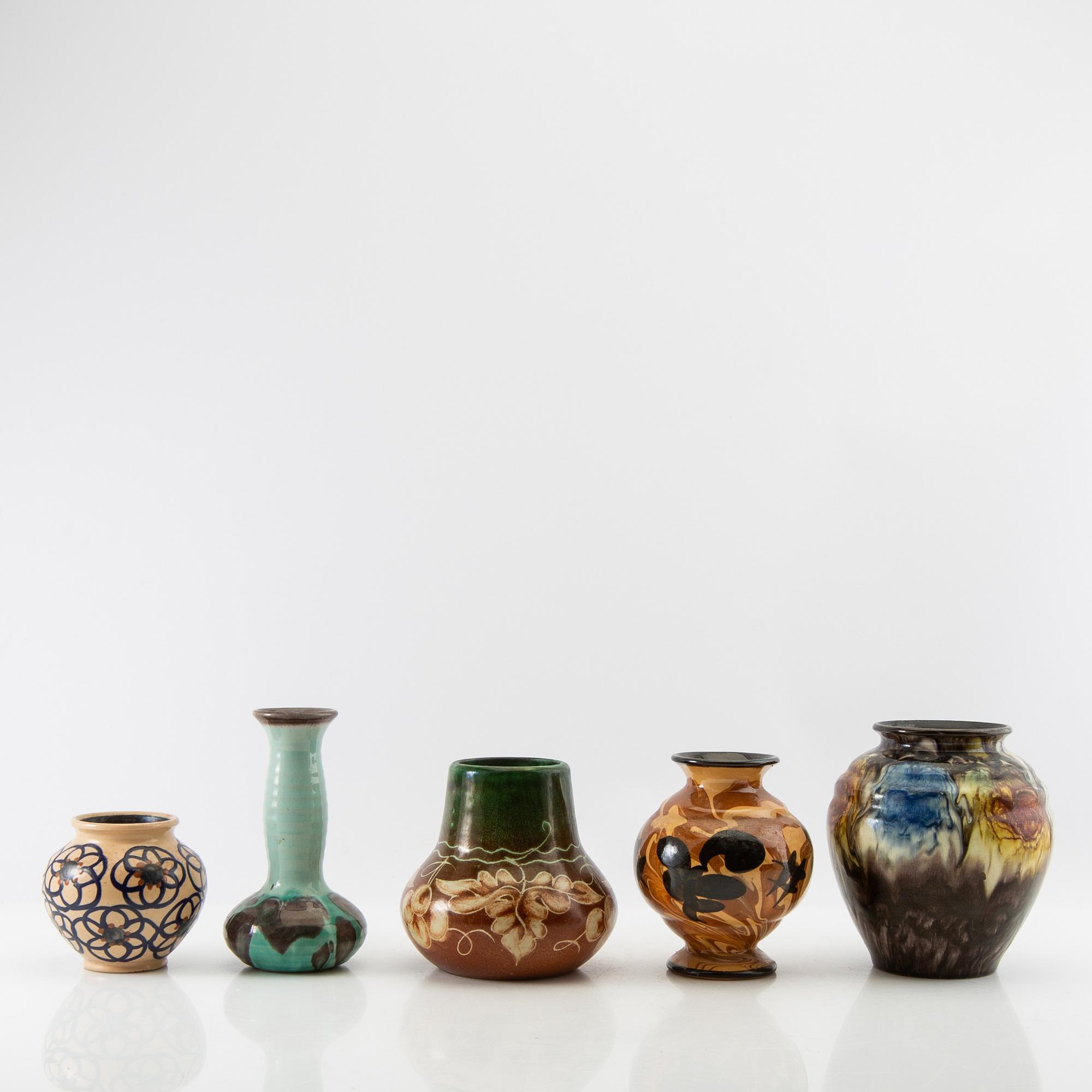 Vases 5 pcs Gabriel Burmeister and Uppsala Ekeby early 20th century glazed stoneware.