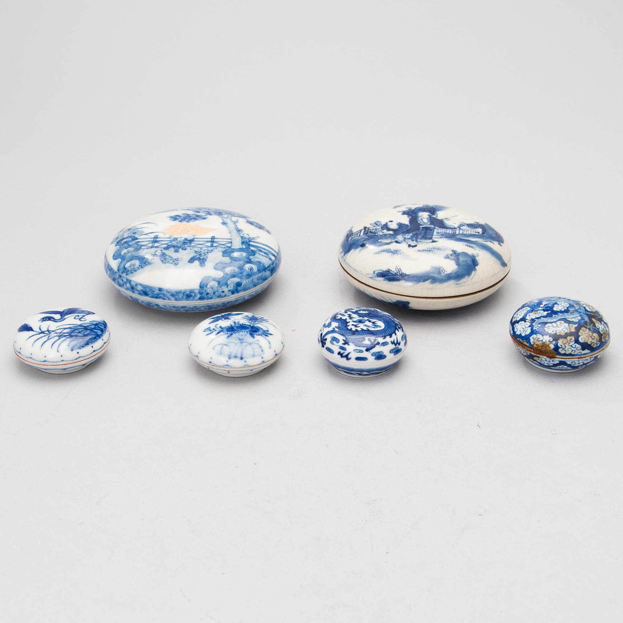 A set of six Chinese porcelain ink boxes.