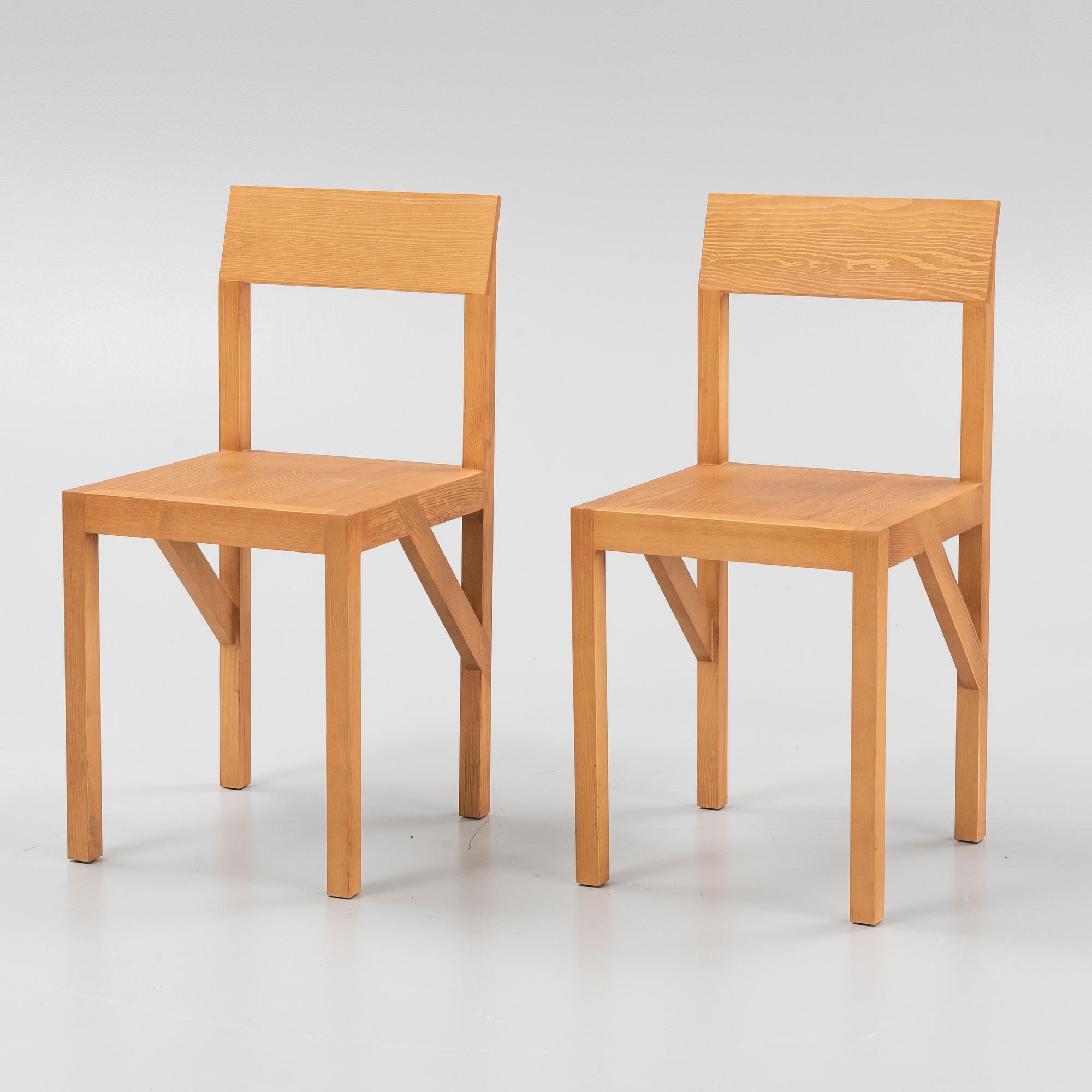 A pair of signed stained pine 'Bracket Chairs' by Frederik Gustav for Frama, Copenhagen 2023.