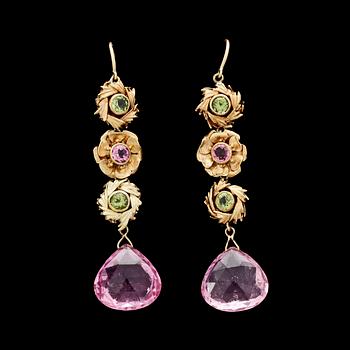 158. EARRINGS, pink tourmalines and peridotes.