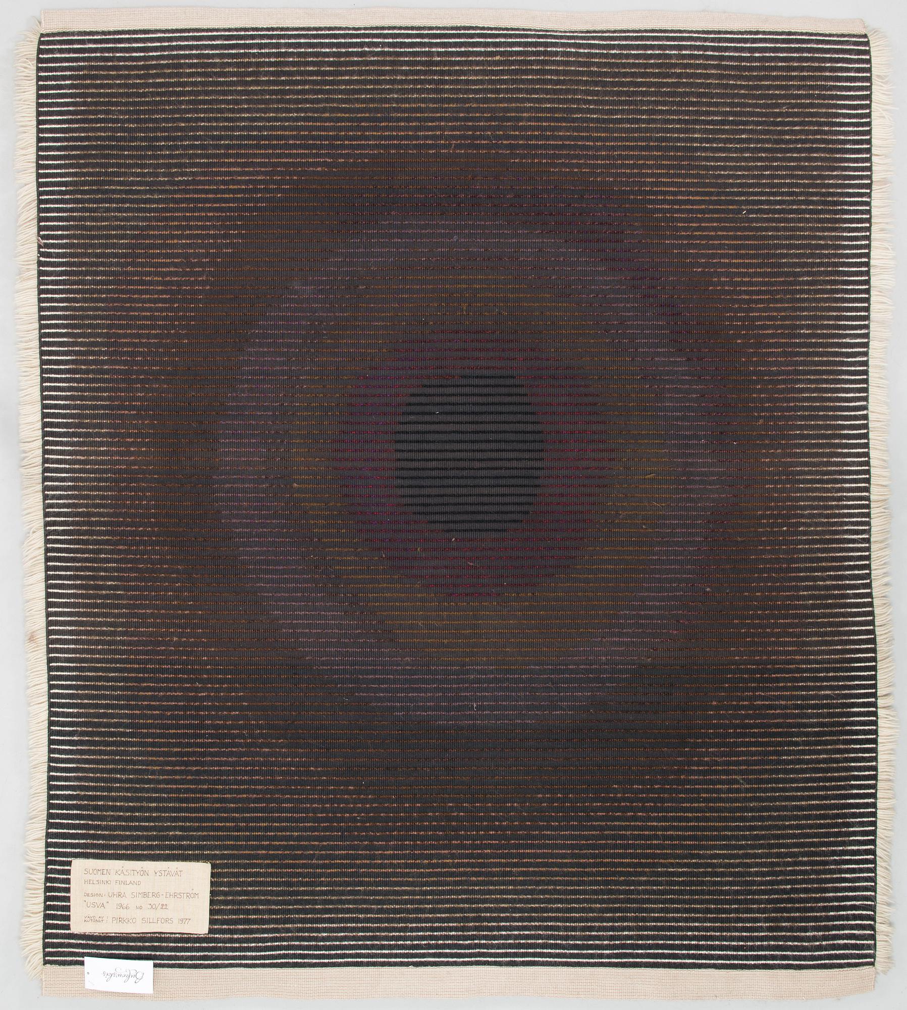 UHRA-BEATA SIMBERG-EHRSTRÖM, rya/ ryamatta Finska Handarbetes Vänner. Ca 145x125 cm.