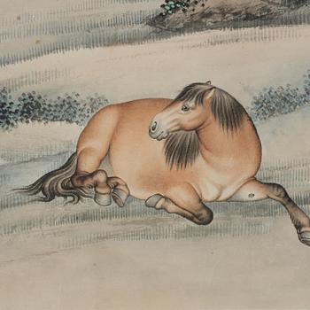 A Chinese scroll painting signed Ma Jin (1900-1970), dated 1942.