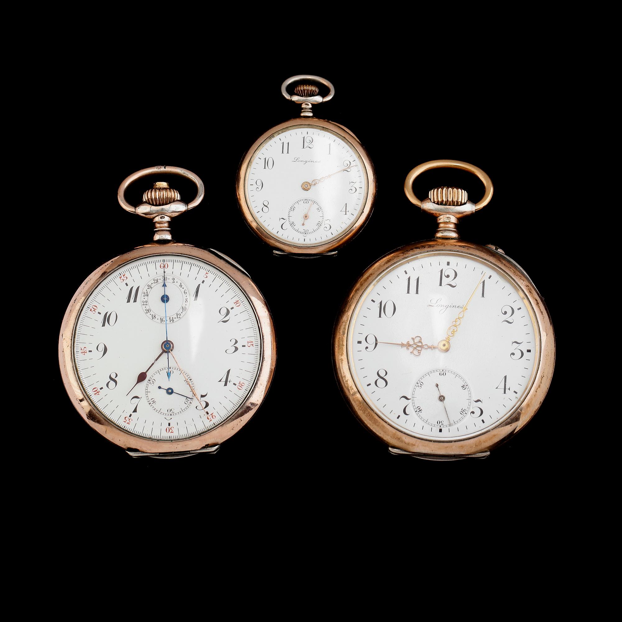 FICKUR, 3 st, silver, två märkta Longines, 1900-talets första hälft.