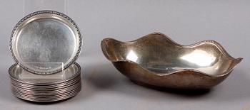 GLASUNDERLÄGG, 12 st, samt SKÅL, silver. Bl.a GAB.