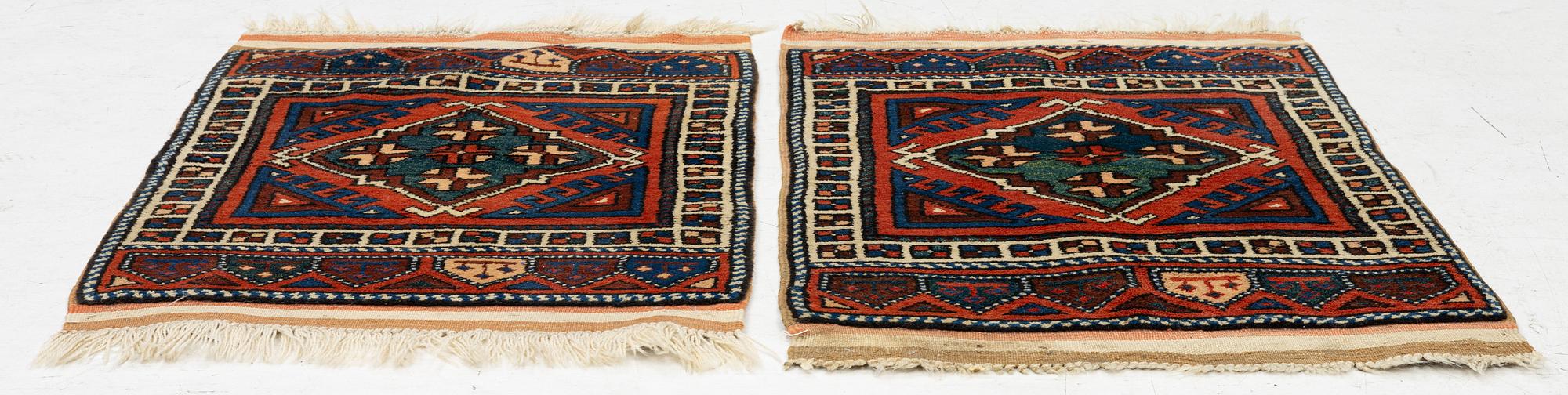 A pair, semi-antique rug, Döşemealtı, Antalya region, Turkey, ca 75 x 77 cm.