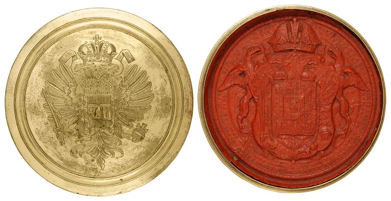 A gilt brass seal box and red coloured wax seal with the arms of Josef II, Austria 1780's.