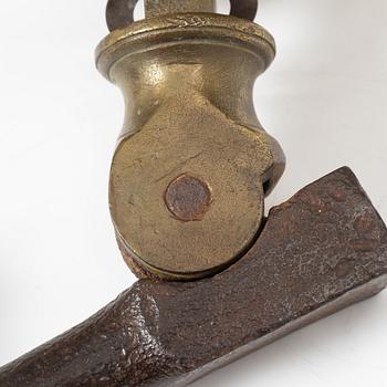 Door knocker, probably 18th century, iron and brass.