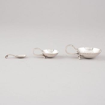 Georg Jensen, saltkar och småskedar, 6 st, sterling silver, Köpenhamn, 1900-talets mitt.