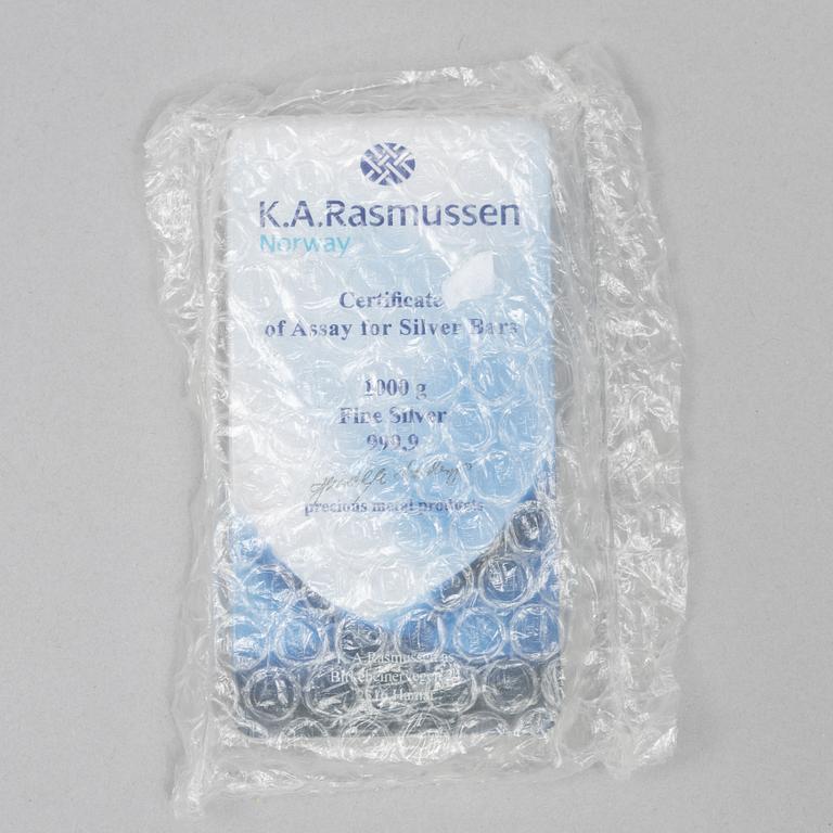 A silver bar, 1000 grams of fine silver, K.A. Rasmussen, Norway.
