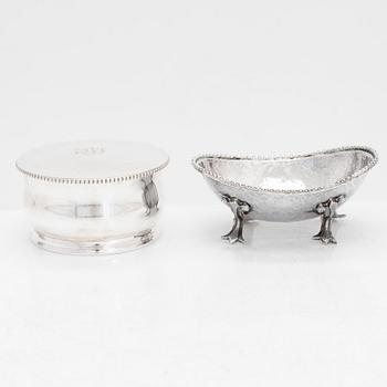 Three silver bowls and a silver box, 1930s-60s.
