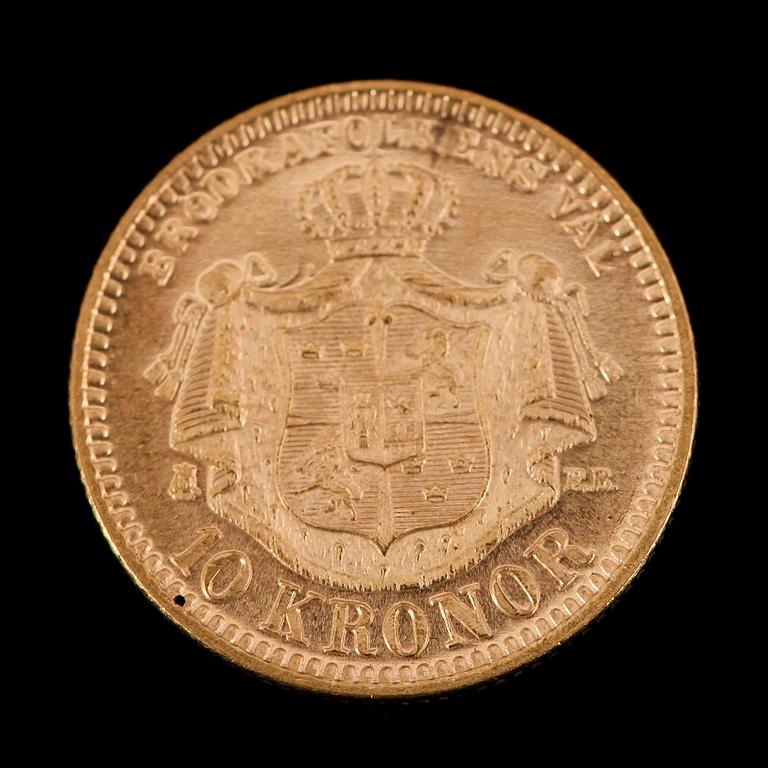 GULDMYNT, 10 kronor, Oscar II, 1894.  Vikt ca 5 gram.