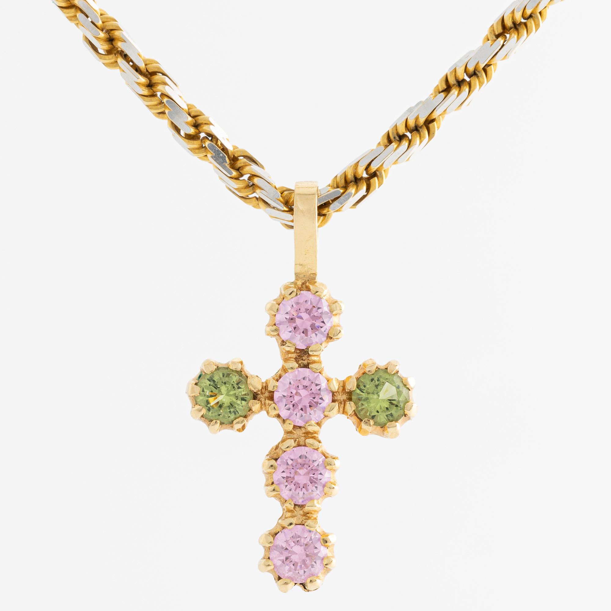Hänge, kors med peridot och rosa stenar, med kedja.