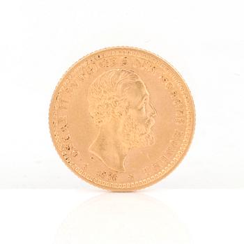 GULDMYNT, 10 kronor, Oscar II av Sverige och Norge 1876. Vikt ca 4,5 gram.