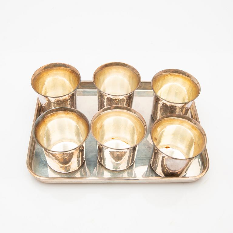 Cup and saucer set, 7 pieces, sterling silver, Einar Telander, Stockholm 1976-79.