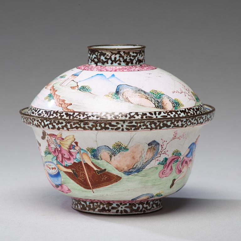 An enamelled 'European Subject' cup with cover, Qing dynasty, 18th Century.