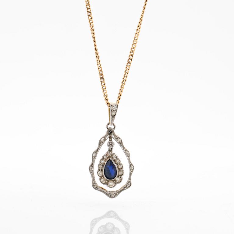 Necklace, 18K gold chain and pendant with brilliant-cut diamonds and synthetic sapphire.