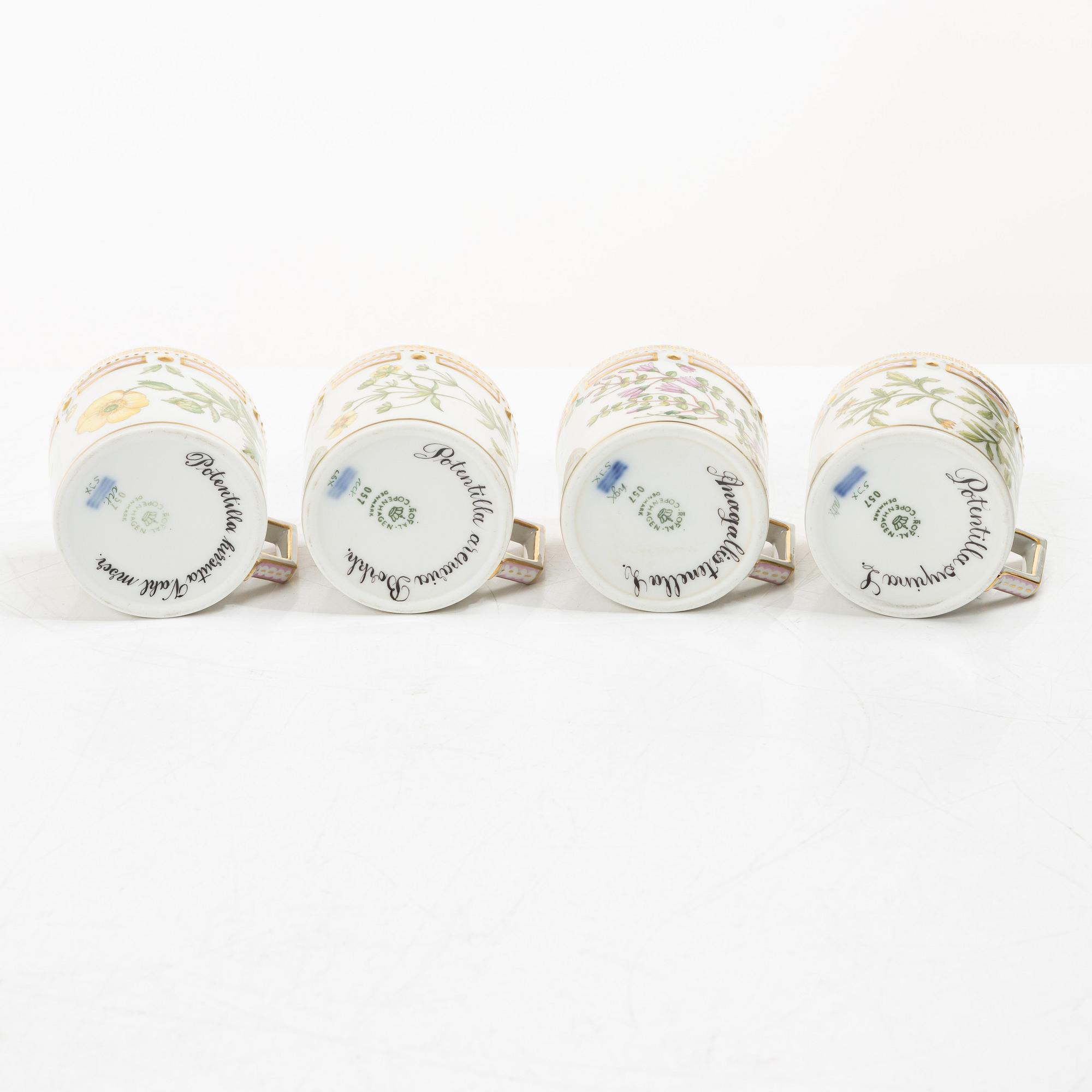 Royal Copenhagen, seven mocka cups with saucers, 'Flora Danica', Denmark.