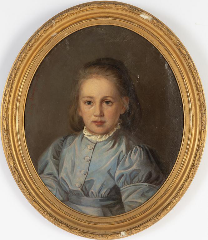 Portrait of Lilly Nobel as a girl in a blue dress, oil on canvas, signed Lilly Lenngren and dated 1875.