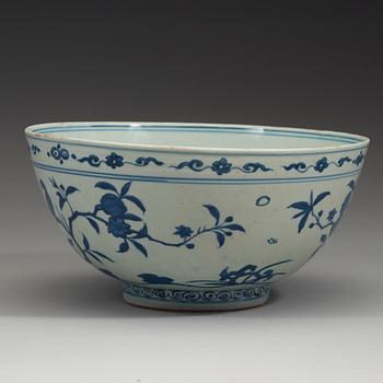 A large blue and white 'parrot and pomegranate' bowl, Ming dynasty (1368-1644).