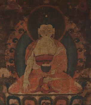 A Tibetan thangka of Shakyamuni Buddha with the eighteen  arhats, 18th century.