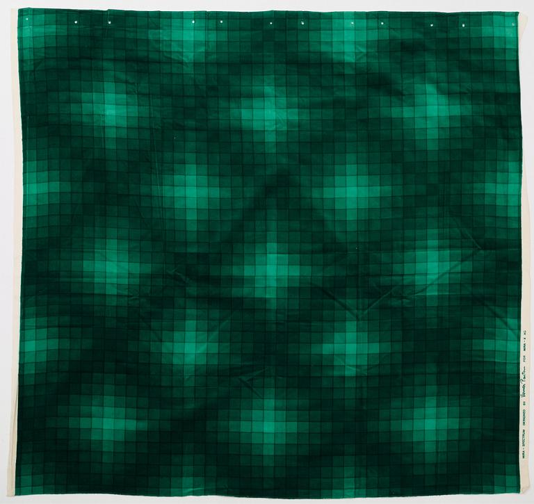 Verner Panton, CURTAINS, 3 PIECES, AND SAMPLERS, 10 PIECES.  Cotton velor. A variety of green nuances and patterns. Verner Panton.
