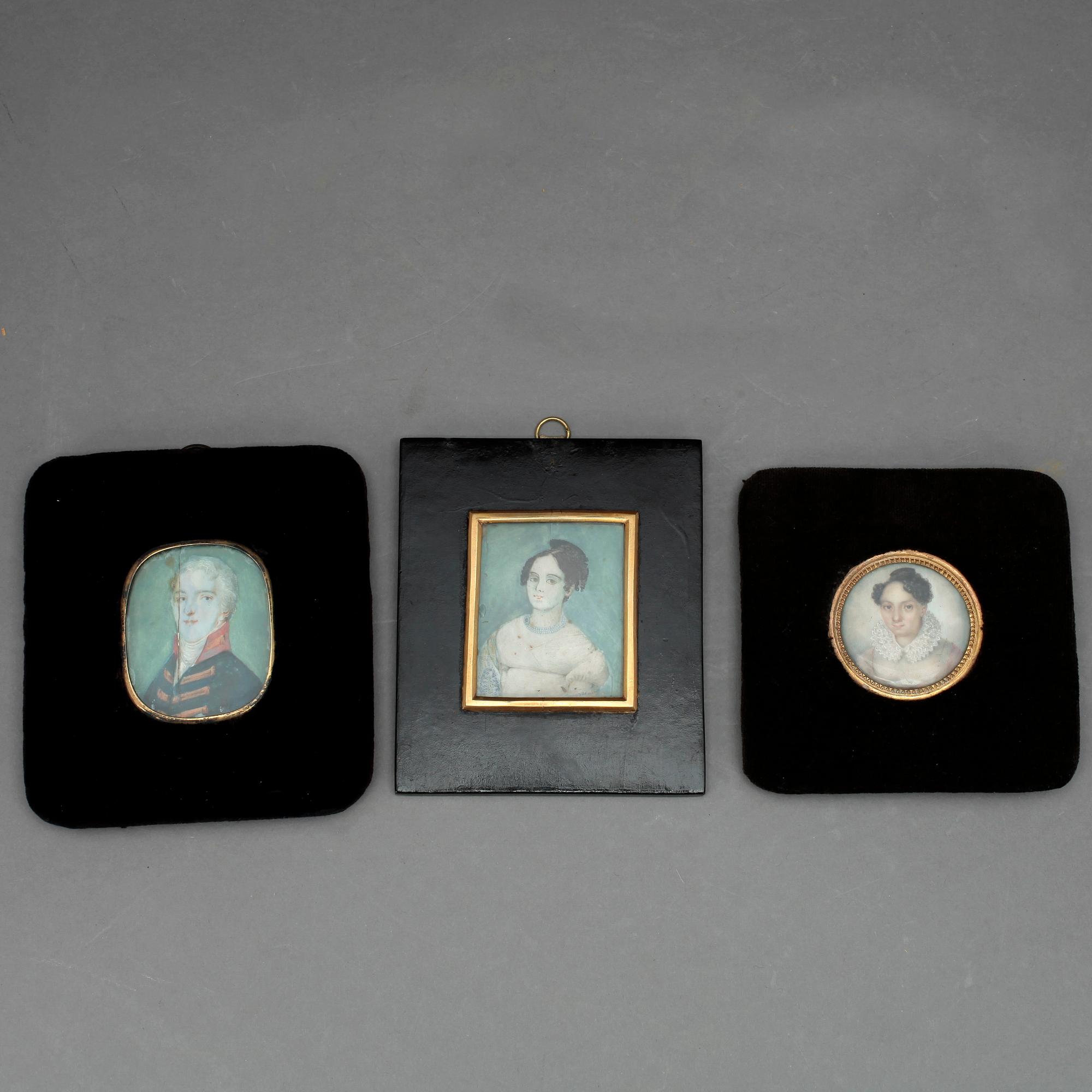 MINIATYRMÅLNINGAR, 3 st, gouache på ben, 1800-tal.