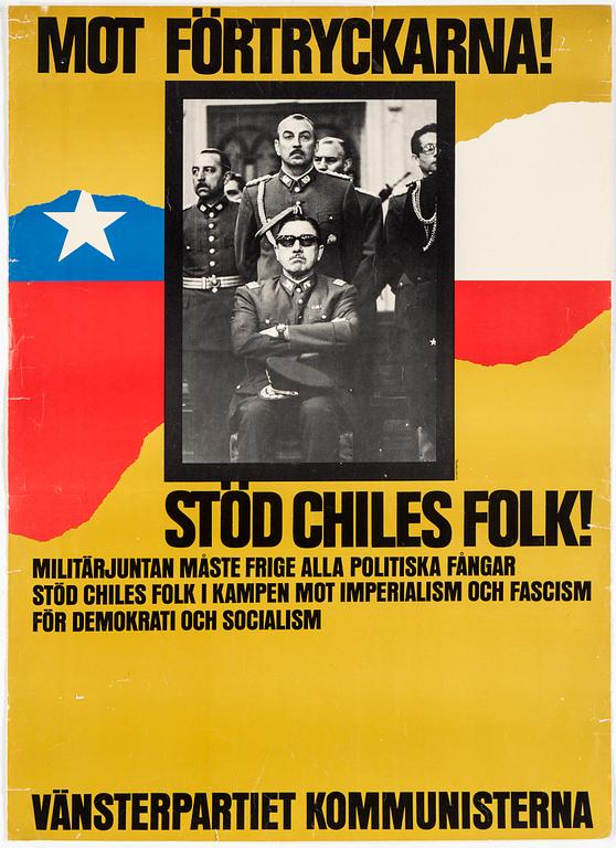 POLITICAL POSTER, "Stöd Chiles Folk!", by Leif Thollander, offset print, from 1973.