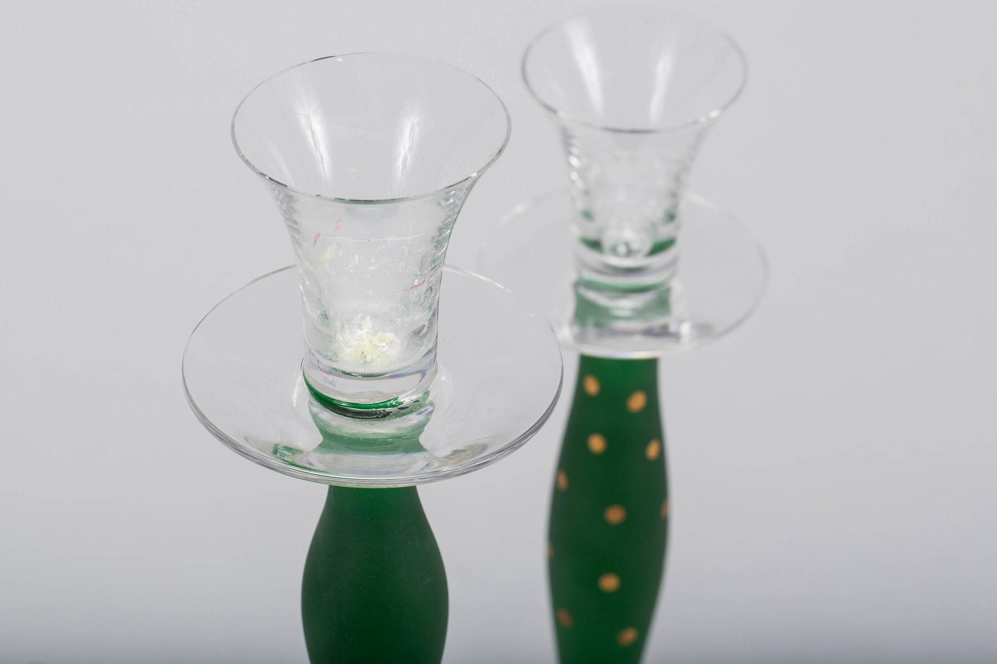 LJUSSTAKAR, 2 st, glas, "Celeste", Anne Nilsson, Orrefors, 1900-talets slut.