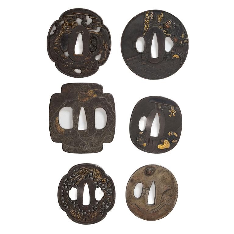 Tsuba, 6 pcs, of which two signed, Meiji and Edo.