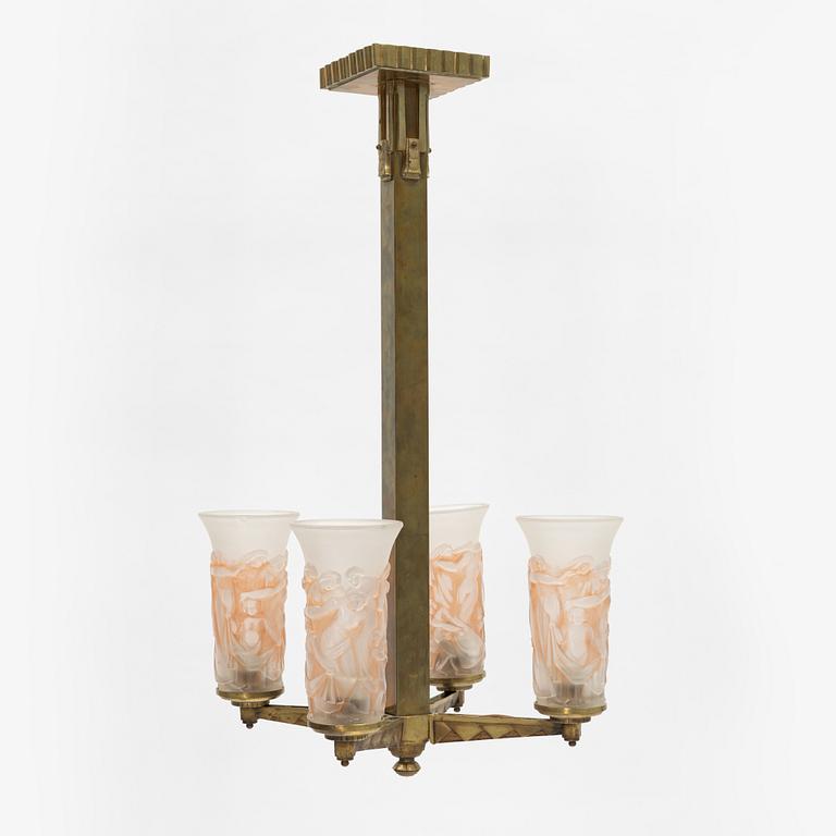 A brass and glass Art Deco ceiling light, probably France, first half of the 20th Century.