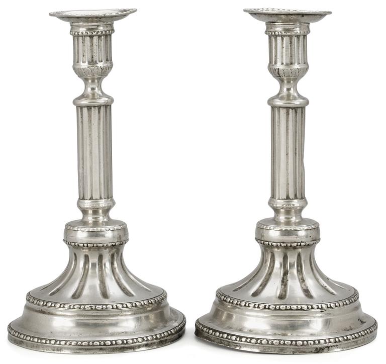 A pair of Gustavian pewter candlesticks by P. Gillman, Stockholm 1794.