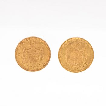 Gold coins 2 pcs 10kr Oscar II, Sweden and Norway 1874.