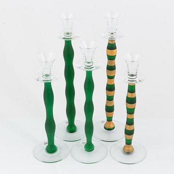 Anne Nilsson, five glass candlesticks, "Celeste", Orrefors.